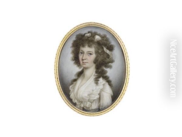 A Lady, Wearing White Dress And Fichu, Blue Sash To Her Waist, Her Natural Wig Worn A La Conseilleur And Secured With White Ribbon Oil Painting by John Donaldson