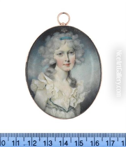 Miss E. Lanesborough, Wearing White Dress With Frilled Collar And Blue Trim To The Shoulders And Bodice, Her Powdered Wig Dressed With A Turquoise Bandeau Oil Painting by John Donaldson