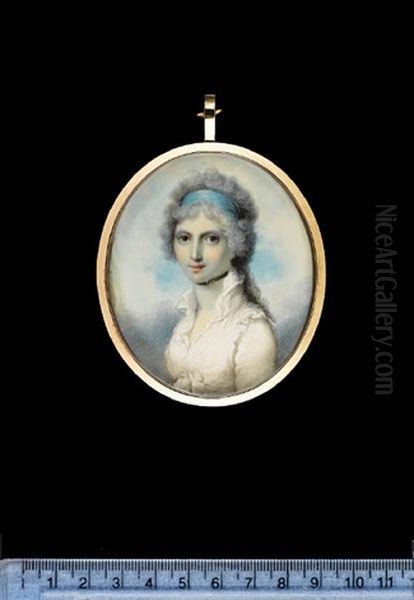 Lady Clinton, Wearing White Dress With High Collar, Black Ribbon Choker And Blue Bandeau In Her Powdered Hair Oil Painting by John Donaldson