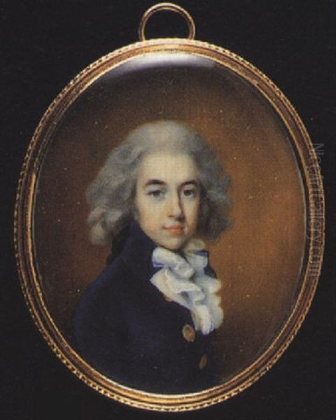 A Young Gentleman Wearing Blue Coat With Large Gold Buttons And Frilled White Cravat, His Powdered Hair En Queue by John Donaldson