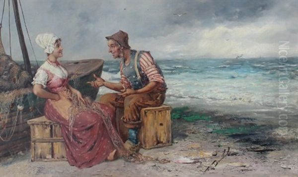 Fisherman Flirting With A Young Maiden On The Beach Oil Painting by Frederick Reginald Donat