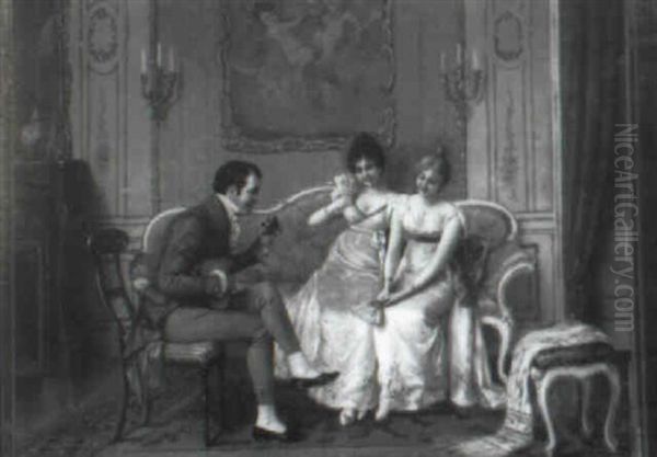 Young Man Serenading Two Young Women In Ornate Interior by Frederick Reginald Donat