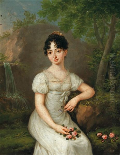 Girl With Roses By A Waterfall Oil Painting by Johann Daniel Donat