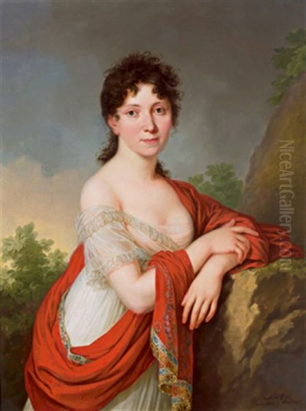 Bildnis Einer Jungen Dame In Einem Sandfarbenen Seidenkleid Mit Einer Roten, Farbig Bestickten Stola In Einer Landschaft An Einen Felsen Gelehnt Oil Painting by Johann Daniel Donat