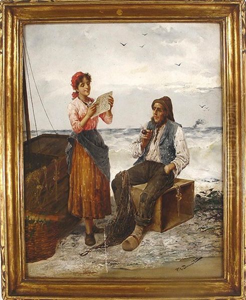 Woman And Fisherman Oil Painting by F. R. Donati