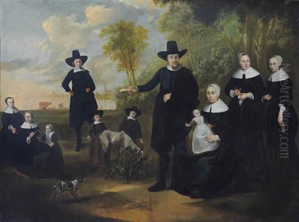 A Group Portrait Of A Family In A River Landscape With A Town In The Distance Oil Painting by Gerard van Donck