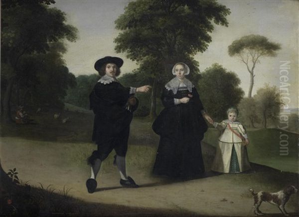 Portrait Of A Gentleman And His Family With Their Dog In An Open Landscape Oil Painting by Gerard van Donck