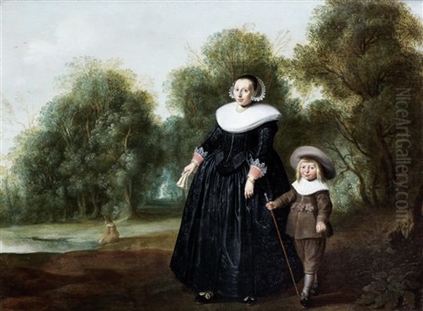 Portrait Of A Lady And Her Child Standing Before An Open Landscape Oil Painting by Herman Mijnerts Doncker