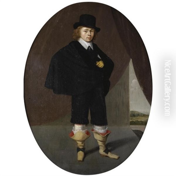 Portrait Of A Gentleman, Wearing A Black Cape, Black Trousers And A Black Hat, A Landscape Beyond Oil Painting by Herman Mijnerts Doncker