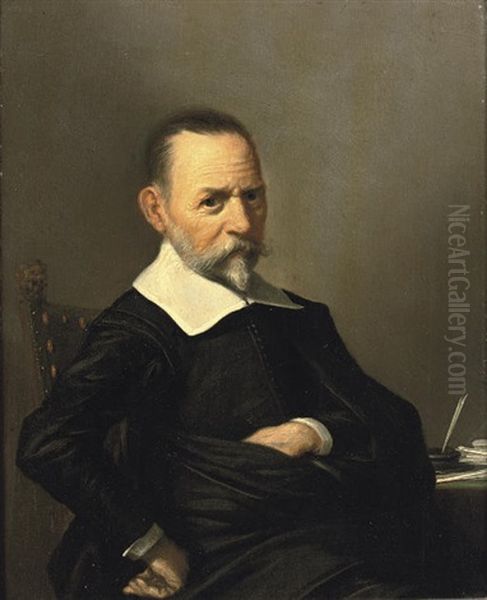 Portrait Of A Gentleman, In A Black Costume With A White Collar And Cuffs, Seated At A Writing Desk Oil Painting by Herman Mijnerts Doncker