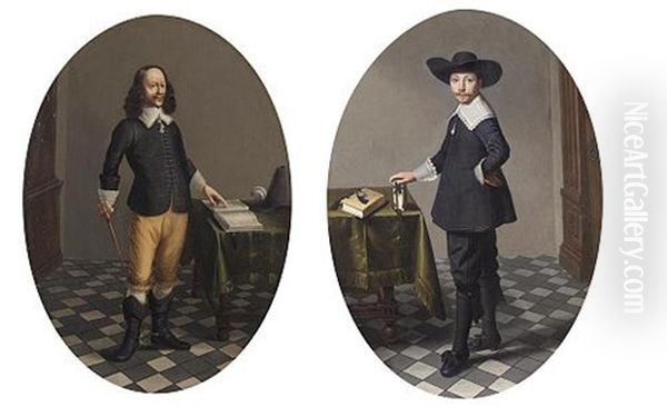 Portrait Of A Gentleman Standing Beside A Table With His Hand Resting On A Book (+ Portrait Of A Gentleman Pointing At A Book; Pair) Oil Painting by Herman Mijnerts Doncker