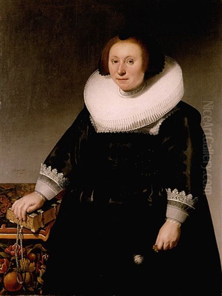 Portrait Of A Lady Wearing A Black Embroidered Dress And Standing Next To A Table With Her Hand On A Book Oil Painting by Herman Mijnerts Doncker