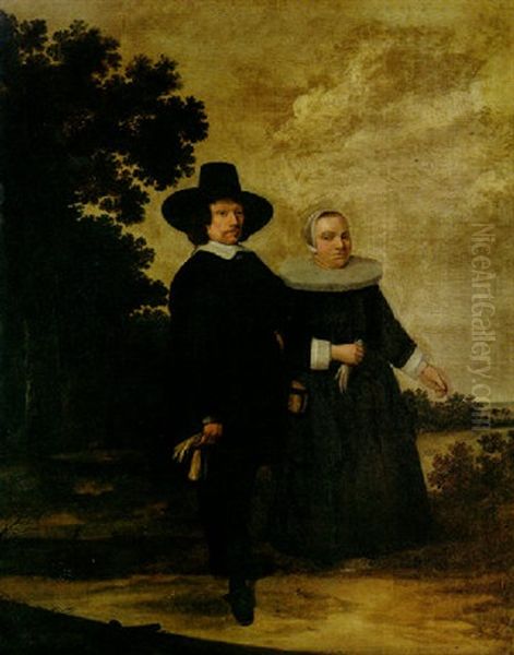 A Portrait Of A Couple In A Landscape Oil Painting by Herman Mijnerts Doncker