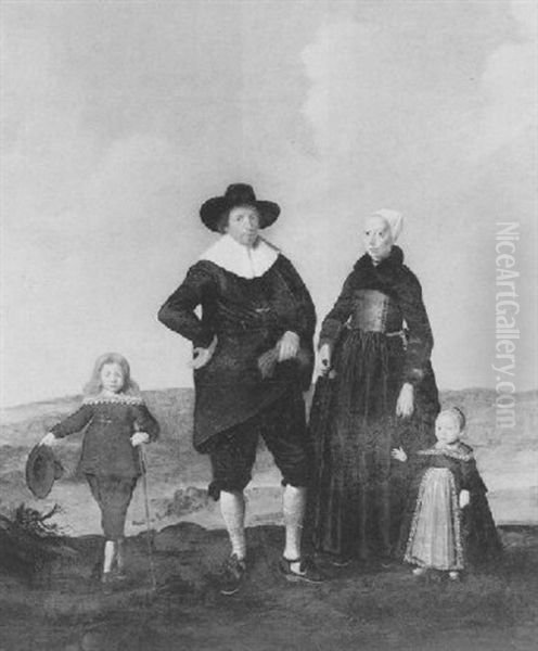 Portrait Of A West Frisian Couple With Their Two Children Standing In A Landscape Oil Painting by Herman Mijnerts Doncker