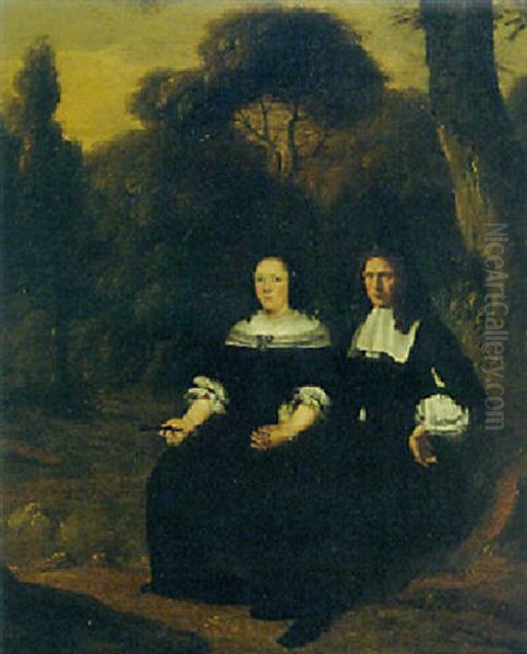 Portrait Of A Gentleman And His Wife, Seated In A Wood Oil Painting by Herman Mijnerts Doncker