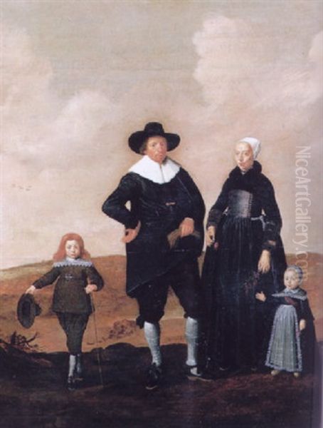 Portrait Of A West Frisian Couple With Their Two Children Standing In A Landscape Oil Painting by Herman Mijnerts Doncker