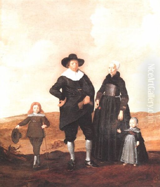 Portrait Of A West Frisian Couple With Their Two Children Oil Painting by Herman Mijnerts Doncker