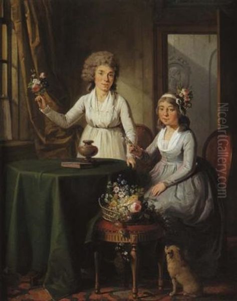 Deux Jeunes Femmes Preparant Un Bouquet Dans Un Interieur Oil Painting by Guillaume Dominique Jacques Doncre