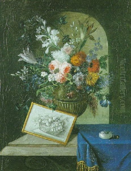 Nature Morte Au Vase De Fleurs, Dessin Et Montre Gousset Sur Un Entablement Dans Une Niche Oil Painting by Guillaume Dominique Jacques Doncre