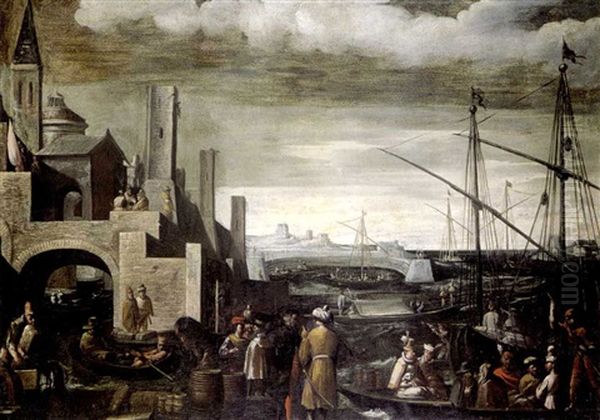 Scene De Port Animee De Marchands Turcs Oil Painting by Giovanni Andrea (il Mastelletta) Donducci