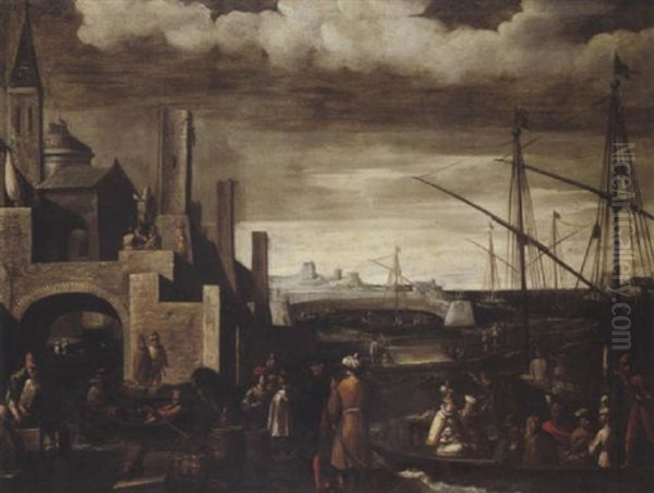 Scene Portuaire Animee De Nombreux Personnages Oil Painting by Giovanni Andrea (il Mastelletta) Donducci