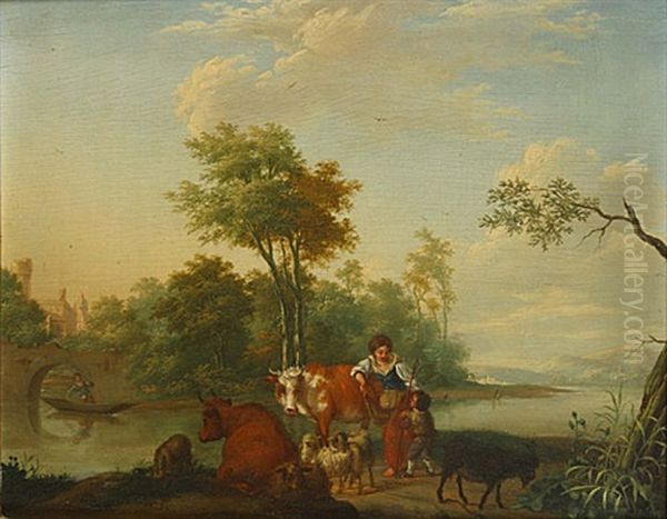 Berger, Bergere Et Animaux Dans Un Paysage Oil Painting by Dionys van Dongen