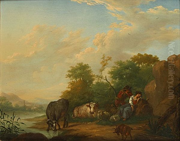 Bergere Avec Enfant Et Animaux Dans Un Paysage Oil Painting by Dionys van Dongen