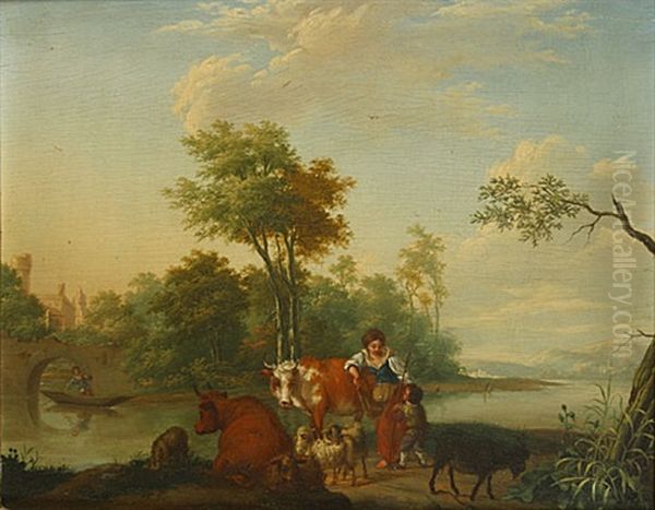 Herder, Herderin En Dieren In Een Landschap Oil Painting by Dionys van Dongen