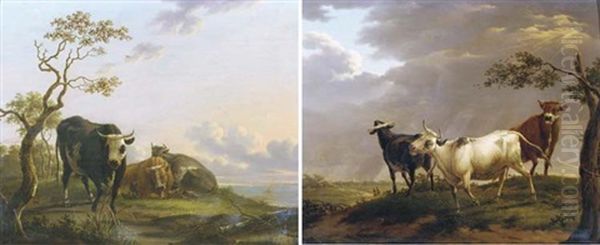 Three Cows Resting In A Wooded Landscape, Sailing Vessels In The Distance (+ Three Bulls In A Stormy Landscape, A Town In The Distance; Pair) Oil Painting by Dionys van Dongen