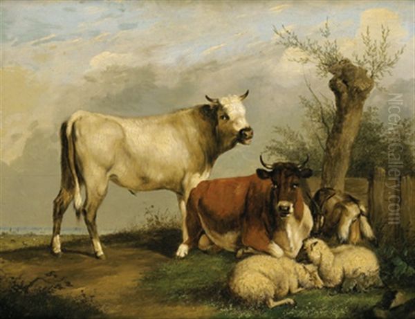 Kuhe, Schafe Und Eine Ziege Auf Der Weide Oil Painting by Dionys van Dongen