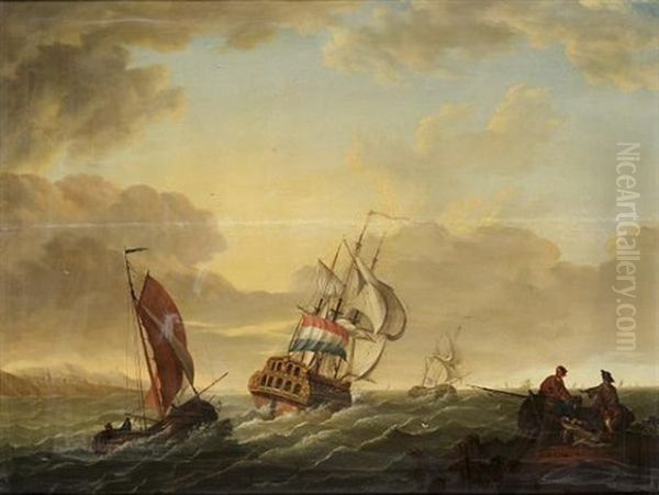 A Dutch Man-o'war And Smalschips Off A Coastline, With Fishermen And A Beached Fishing Boat On An Outcrop Oil Painting by Dionys van Dongen