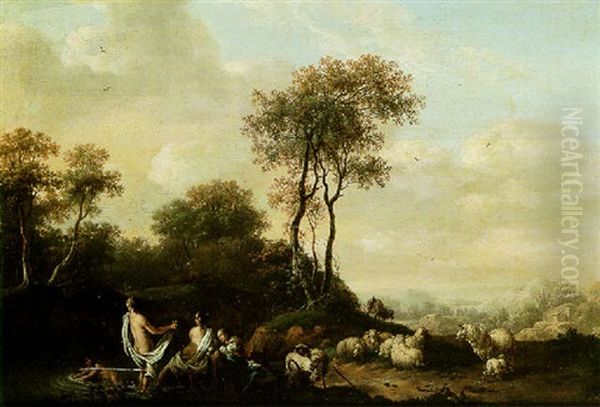 A Pastoral Landscape With Shepherdesses Bathing Oil Painting by Dionys van Dongen