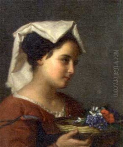 A Peasant Girl Witha Basket Of Flowers Oil Painting by Otto Donner von Richter