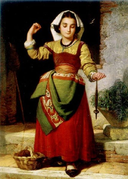 A Young Maid With A Spool Of Yarn Oil Painting by Otto Donner von Richter