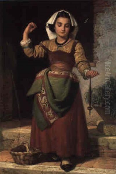 A Young Maid With A Spool Of Yarn Oil Painting by Otto Donner von Richter