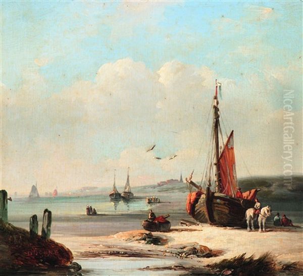 The Unloading Of The Bomschuit At Scheveningen Oil Painting by Desire Donny