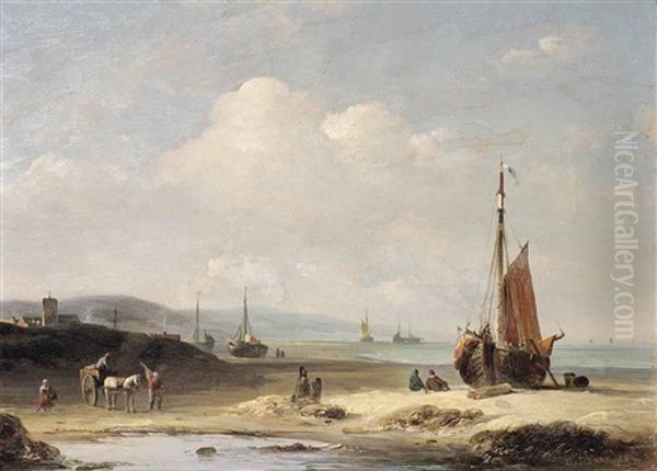 A Coastal Scene With Fisherfolk And Bomschuiten Oil Painting by Desire Donny