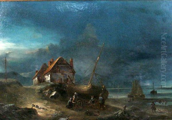 A Fisherman's Family By A Beached Sailing Vessel Oil Painting by Desire Donny