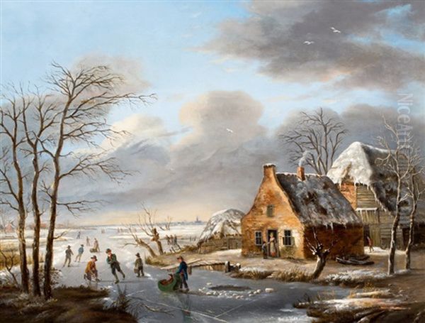 Winters Polderlandschap Met Schaatsenrijders Oil Painting by Hermanus Donselaer