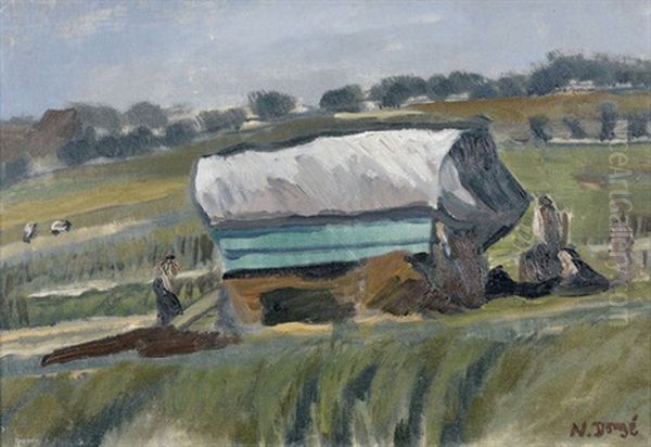 Hugelige Landschaft Mit Figurengruppe Bei Einem Planwagen Oil Painting by Numa Donze