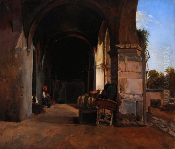 Portico Con Figure Sedute E Mobilio Accatastato Oil Painting by A Arlot