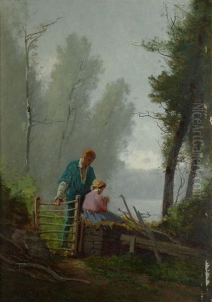 Couple De Paysans A La Barriere Oil Painting by Charles Donzel