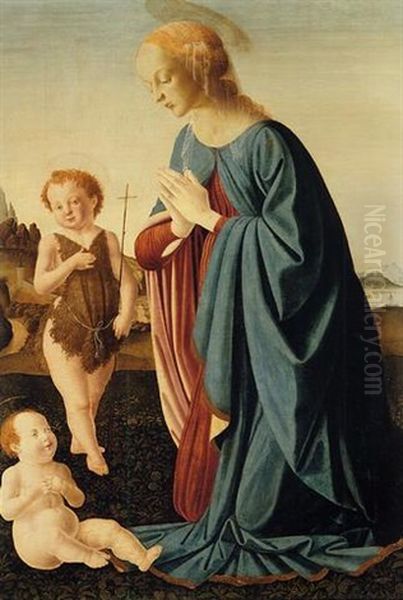 The Madonna Adoring The Christ Child, The Infant Saint John The Baptist Standing Nearby Oil Painting by Pietro del Donzello