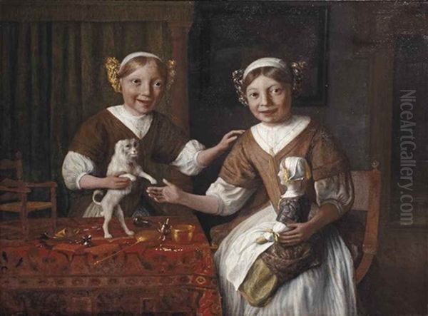 Portrait Of Two Young Girls With A Pet Dog And A Doll, Seated At A Draped Table With Toys And A Chair For The Doll Oil Painting by Lambert Doomer