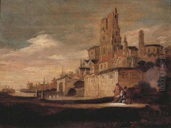 A View Of A Town With Figures Resting Outside The Town Wall Oil Painting by Lambert Doomer