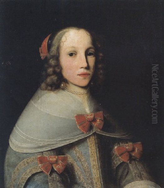 Portrait Of Elisabeth Pruys Van Oswaert Wearing A Light Blue Brocade Dress With Lace Collar And Red Bows, Pearl Necklace And Earrings Oil Painting by Lambert Doomer