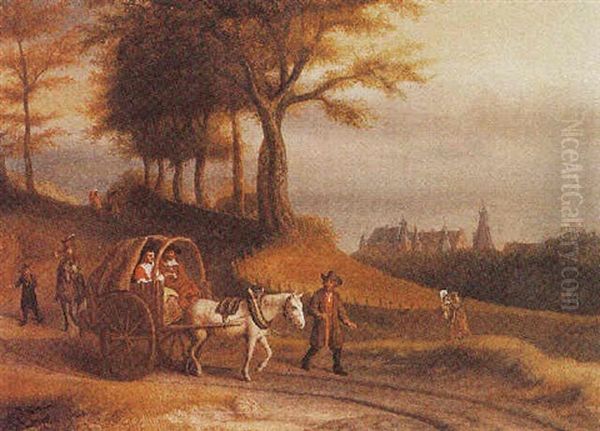 Travellers In A Horse-drawn Cart On A Path, A View Of A Village Beyond Oil Painting by Lambert Doomer