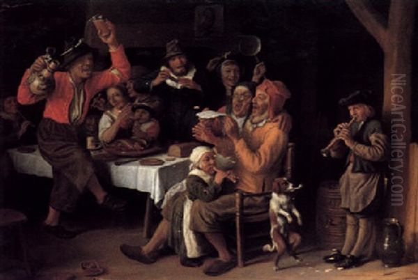 An Interior With Peasants Singing And Dancing Around A Table Oil Painting by Lambert Doomer