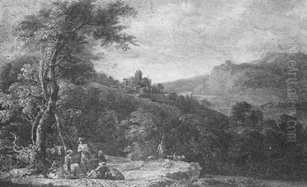 Les Bergers Se Reposant Dans Un Paysage Vallonne Avec Une Forteresse Oil Painting by Lambert Doomer