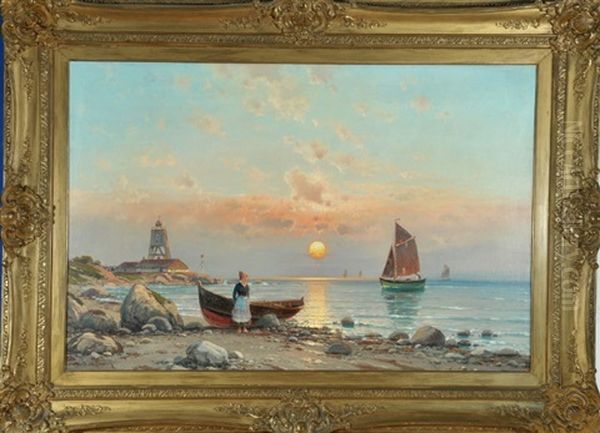 Hollanderin Mit Boot Am Strand Bei Sonnenuntergang Oil Painting by Adriaan Van Doorn